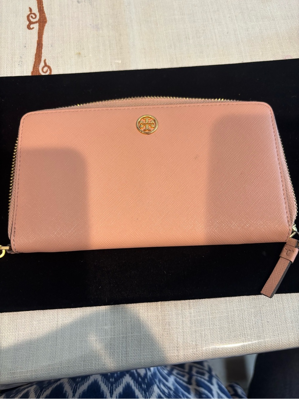 Tory Burch Blush Zip-Around Saffiano Leather Wallet with Gold Logo